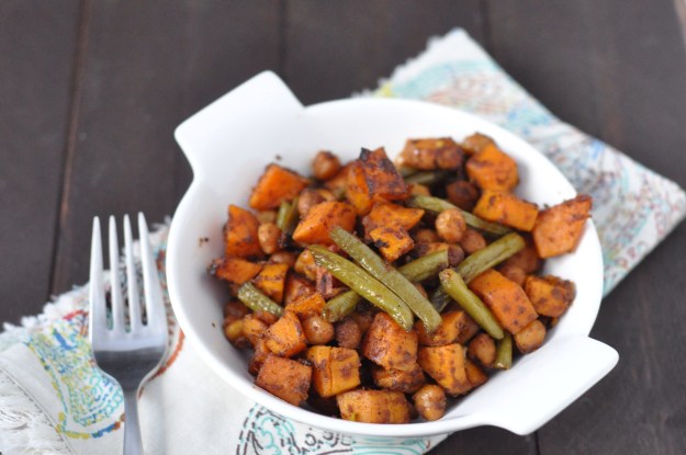 Curry Roasted Green Beans, Sweet Potatoes and Chickpeas